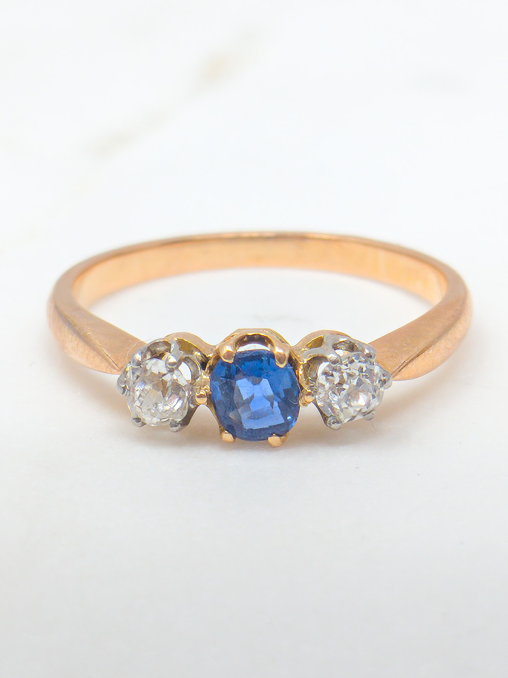 19th C. French 18K Rose Gold Sapphire & Old-Cut Diamond Ring, Sz 5.5